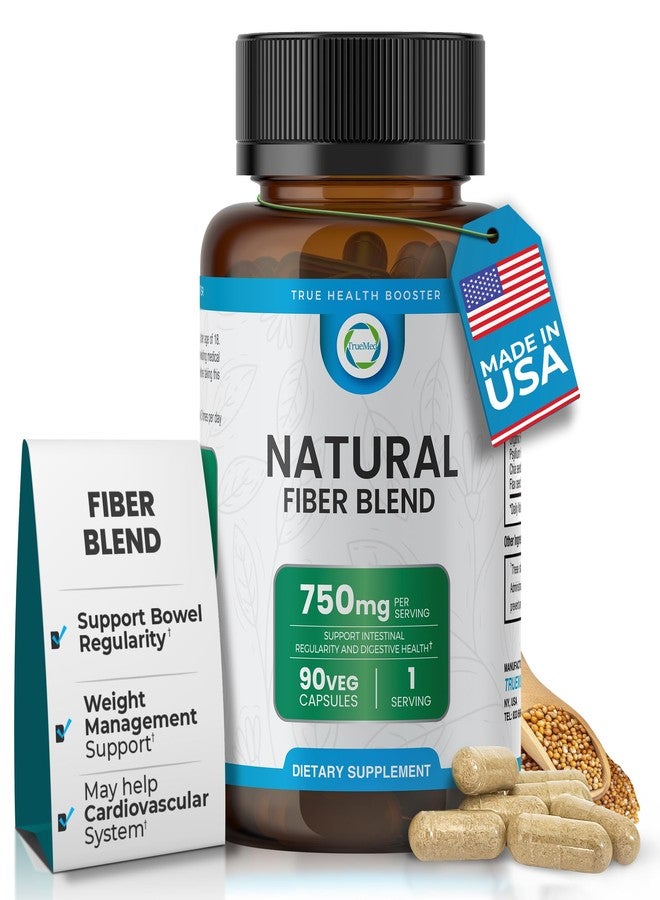 TRUEMED 3-in-1 Fiber Supplement – 750mg Organic Blend with Psyllium Husk, Chia & Flax Seed – Plant-Based Fiber Capsules for Digestive Health & Cardiovascular Wellness – Made in USA – 90 Count - Image 1
