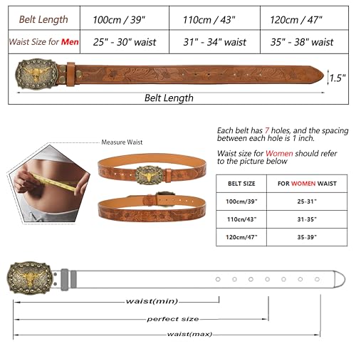 Mawjom Western Cowboy PU Leather Belt - Men Waist Strap Bull Decoration Floral Engraved for Jeans 35" to 38" Waist - Image 3