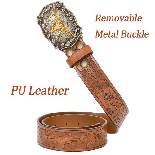 Mawjom Western Cowboy PU Leather Belt - Men Waist Strap Bull Decoration Floral Engraved for Jeans 35" to 38" Waist - Image 4