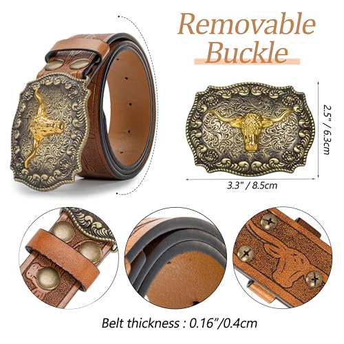 Mawjom Western Cowboy PU Leather Belt - Men Waist Strap Bull Decoration Floral Engraved for Jeans 35" to 38" Waist - Image 2