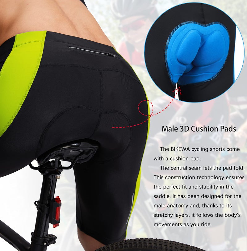 Bikewa شورتات دراجة للرجال مع وسادة 3D داخلية للدراجات الهوائية، شورتات ركوب الدراجات على الطرق، ركوب الجبال، شورتات UPF 50+ مع جيوب بسحاب، أسود/أخضر، كبير - Image 4