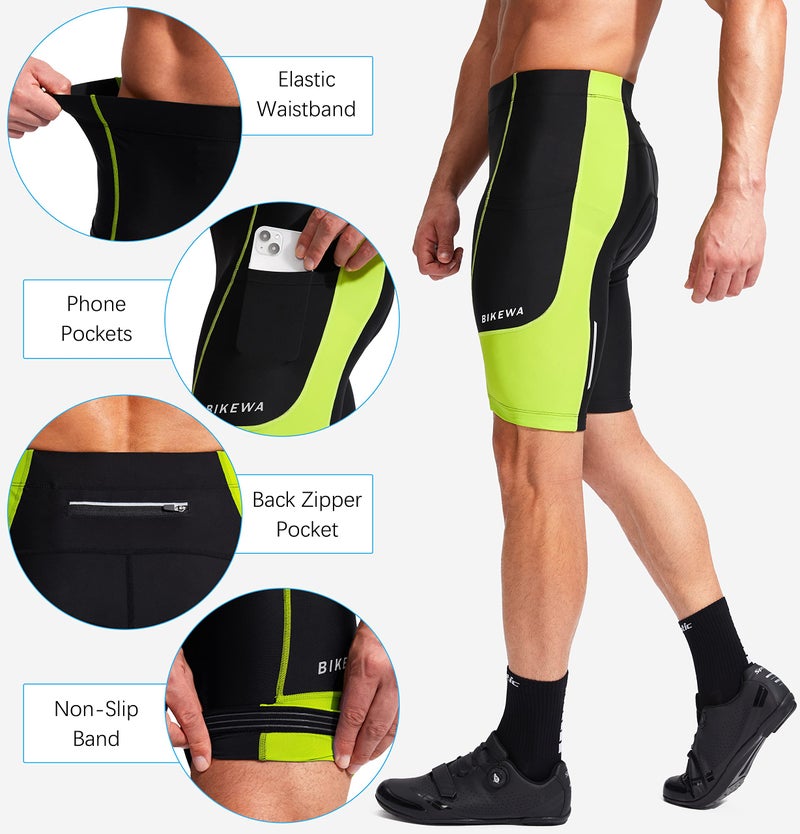 Bikewa شورتات دراجة للرجال مع وسادة 3D داخلية للدراجات الهوائية، شورتات ركوب الدراجات على الطرق، ركوب الجبال، شورتات UPF 50+ مع جيوب بسحاب، أسود/أخضر، كبير - Image 5