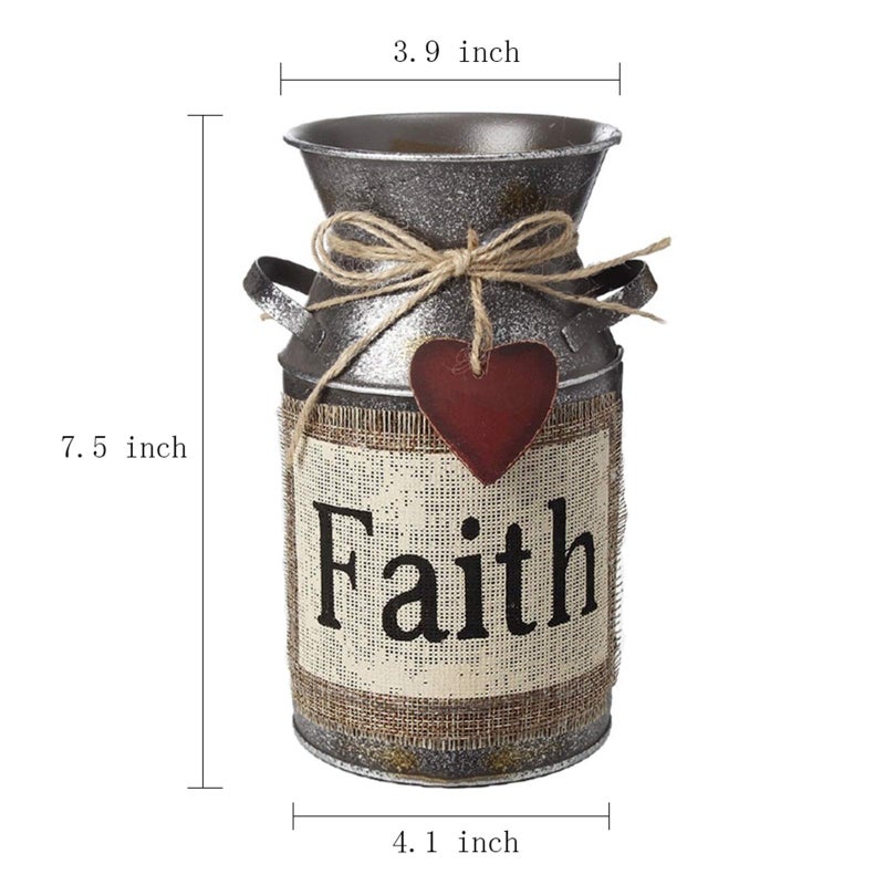 HIDERLYS 7.5" High Rustic Decorative Vase with Greetings and Rope Design, Metal Milk Can Country Jug for Living Room, Bedroom, Kitchen(Faith) - Image 2