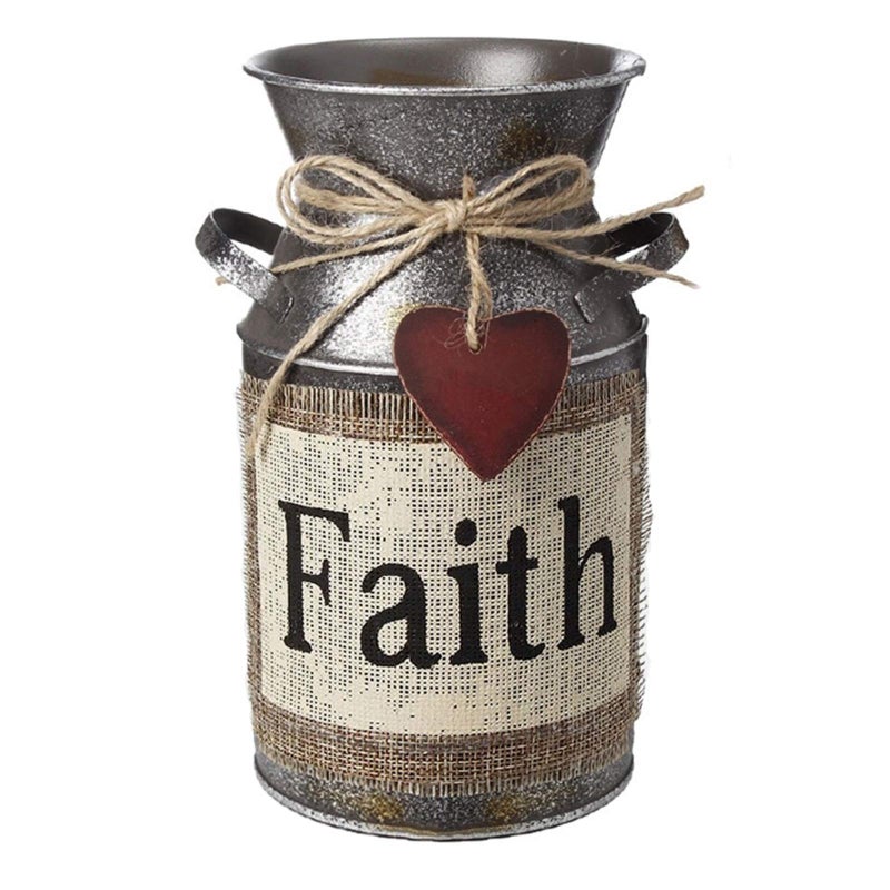 HIDERLYS 7.5" High Rustic Decorative Vase with Greetings and Rope Design, Metal Milk Can Country Jug for Living Room, Bedroom, Kitchen(Faith) - Image 1
