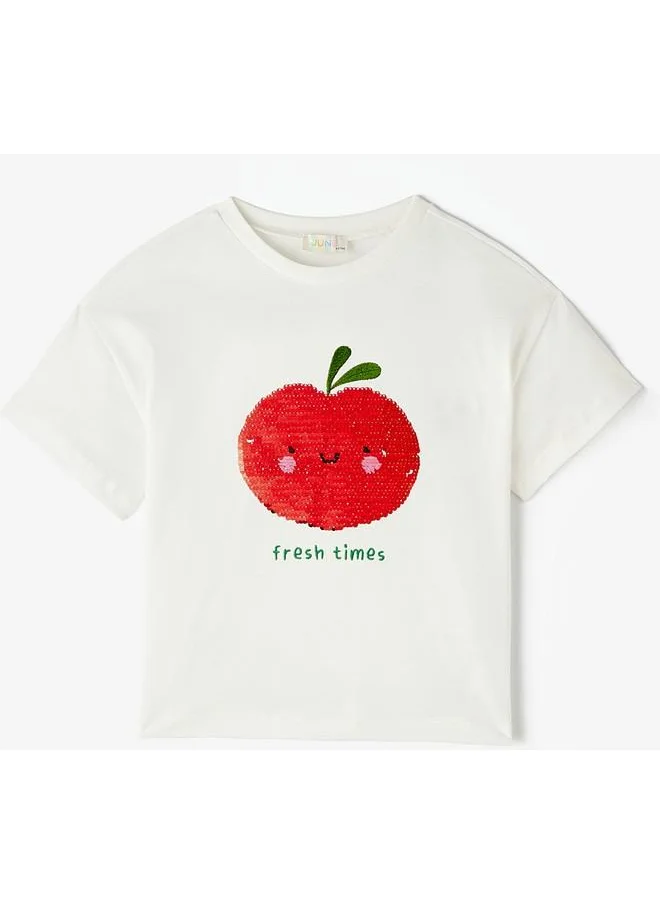 جون June Girl Spinning Apple Sequined T-Shirt Ecru