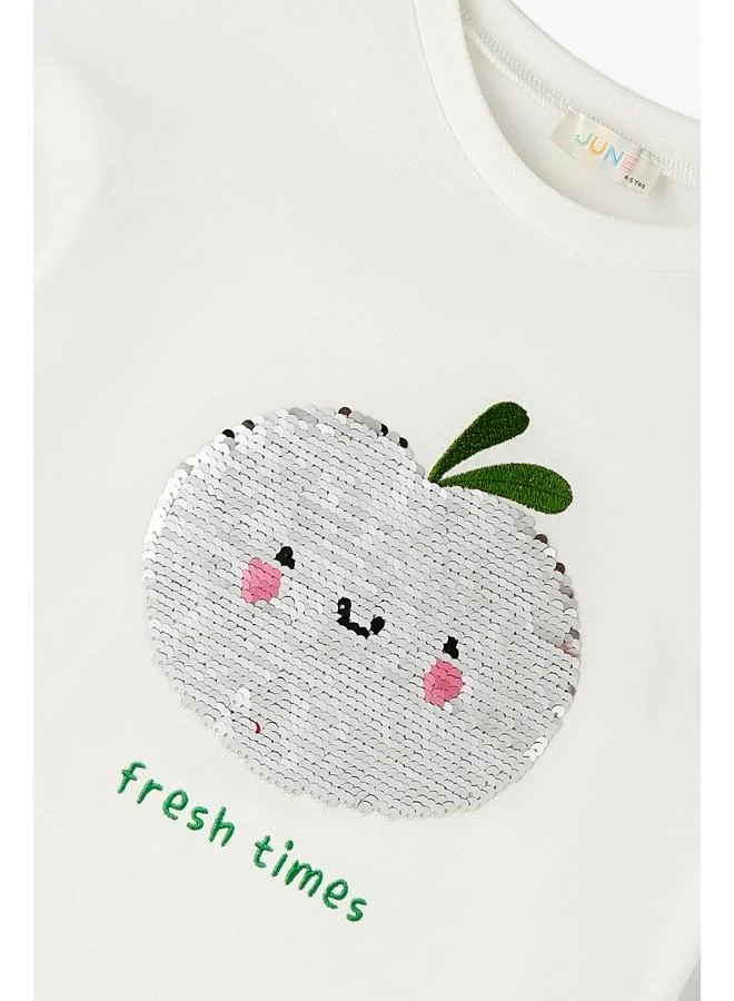 JUNE June Girl Spinning Apple Sequined T-Shirt Ecru