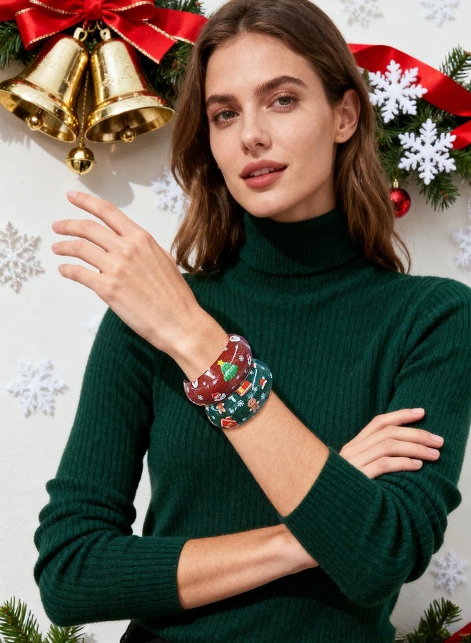 WOWORAMA Acrylic Christmas Bracelet for Women 2Pcs Acrylic Resin Chunky Bangles Set Glitter Red Green Xmas Gingerbread House Bracelets Holiday Christmas Jewelry - Image 5