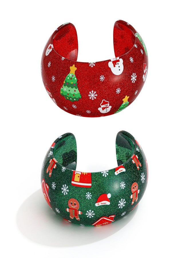 WOWORAMA Acrylic Christmas Bracelet for Women 2Pcs Acrylic Resin Chunky Bangles Set Glitter Red Green Xmas Gingerbread House Bracelets Holiday Christmas Jewelry - Image 1