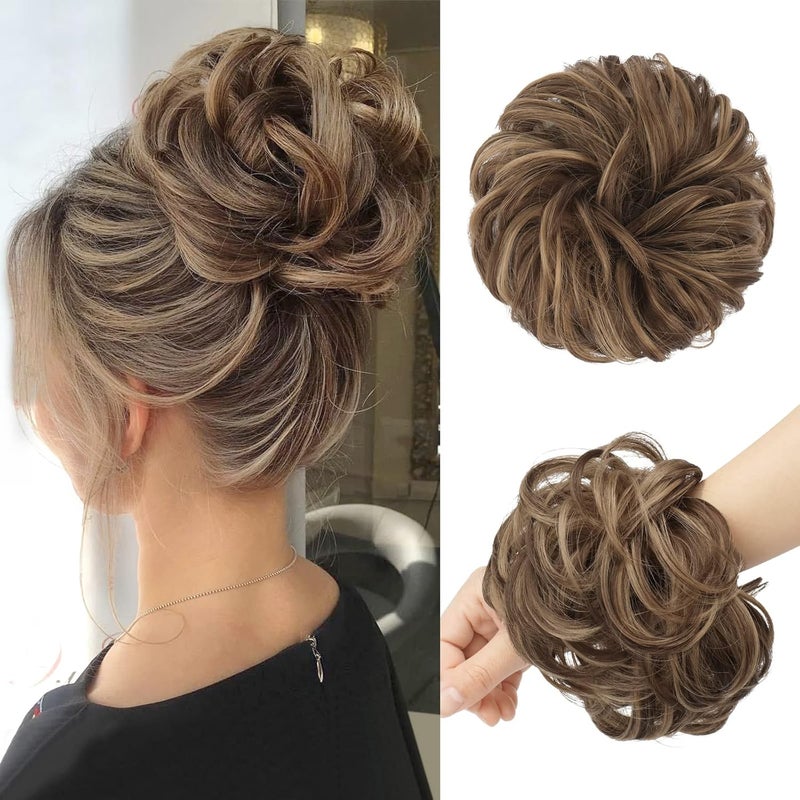 FESHFEN Messy Bun Hair Piece  Large Wavy Curly Elastic Hair Bun Scrunchies Ponytail Extensions Synthetic Chignon Hairpieces for Women Light Ash Brown Mixed Golden Brown 194oz