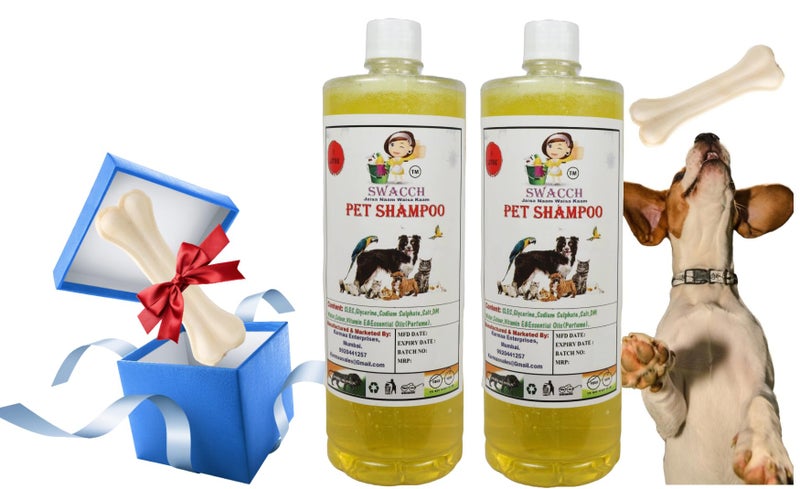 swacch Shampoo | Puppy Safe Shampoo | Pet Shampoo (1 Litre) (Pack of 2) Lemon + Medium White Bone | Dog Chew Bones | Teething chew Toy | Dental Teething |Combo Pack - Image 1
