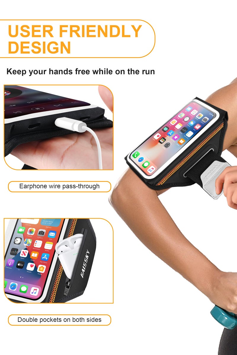 HAISSKY Running Armband with Earphone Bag Cell Phone Armband for iPhone 16 15 Pro 14 Plus 13 11 XR XS, Galaxy S24/S10 Water Resistant Sports Phone Holder Case & Zipper Slot Car Key Holder for 6.9 inch Phone - Image 2