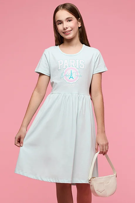 R&B Printed Fit & Flare Dress with Crew Neck and Short Sleeves