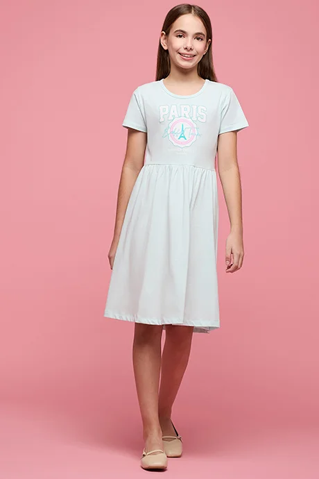 R&B Printed Fit & Flare Dress with Crew Neck and Short Sleeves