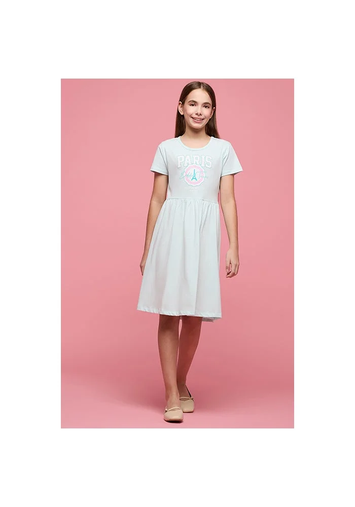أر أند بي Printed Fit & Flare Dress with Crew Neck and Short Sleeves