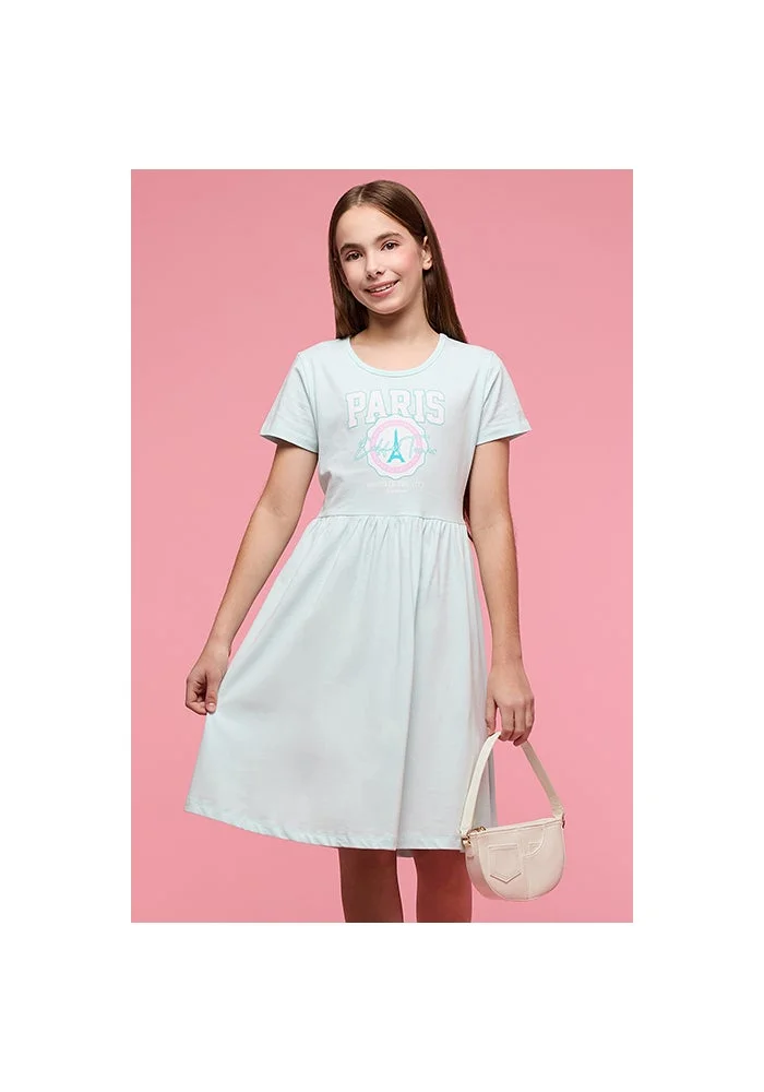 أر أند بي Printed Fit & Flare Dress with Crew Neck and Short Sleeves