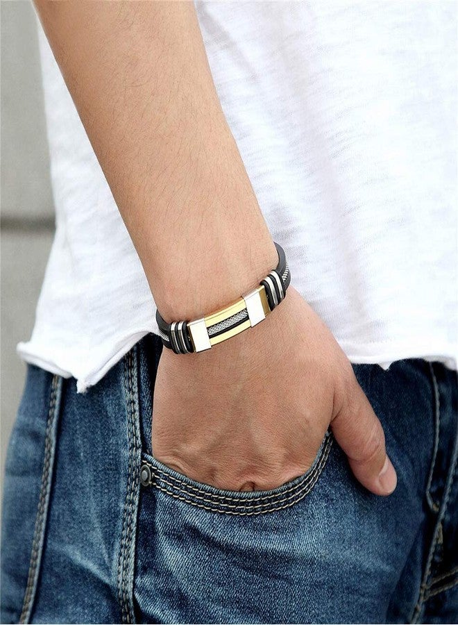 Suyi Men's Adjustable Bracelet Silicone Wrap Bracelet Stainless Steel Cuff Bracelet Gold - Image 2