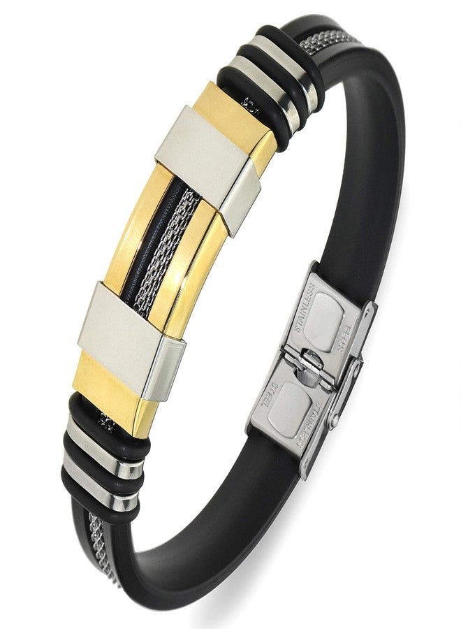 Suyi Men's Adjustable Bracelet Silicone Wrap Bracelet Stainless Steel Cuff Bracelet Gold - Image 1