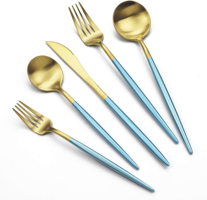 JASHII Luxury 1810 Blue Handle Flatware Gold Silverware Set 304 Stainless Steel Flatware Cutlery Set 20Piece Adaline Royal Modern Satin Finish BEST Birthday Wedding Gift Blue Handle Matte Gold - Image 1