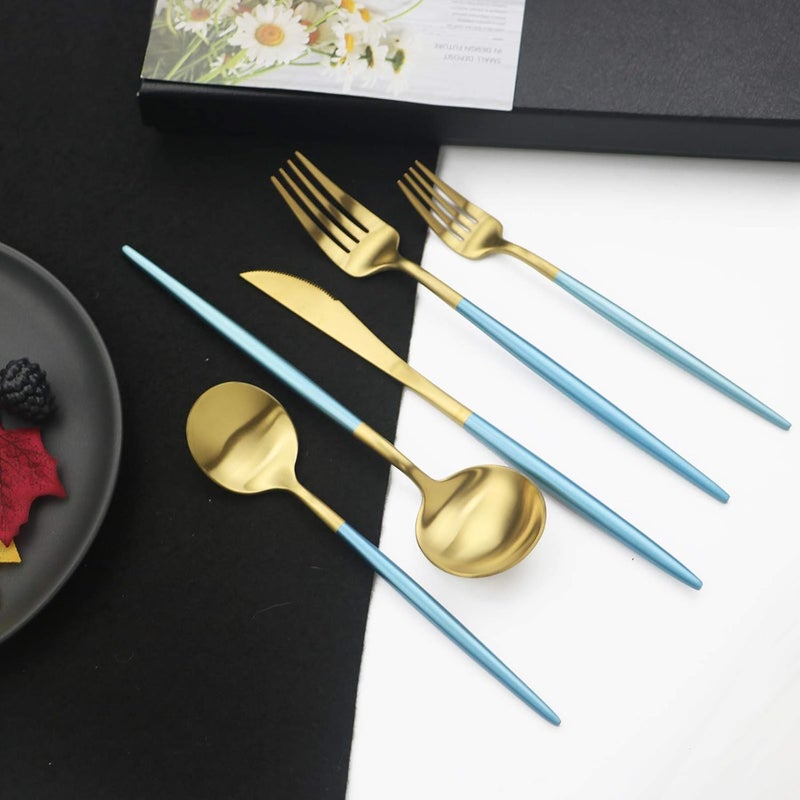 JASHII Luxury 1810 Blue Handle Flatware Gold Silverware Set 304 Stainless Steel Flatware Cutlery Set 20Piece Adaline Royal Modern Satin Finish BEST Birthday Wedding Gift Blue Handle Matte Gold - Image 5