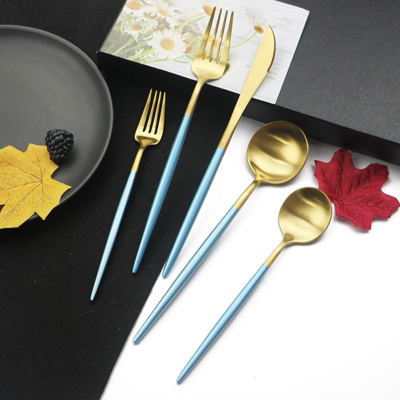 JASHII Luxury 1810 Blue Handle Flatware Gold Silverware Set 304 Stainless Steel Flatware Cutlery Set 20Piece Adaline Royal Modern Satin Finish BEST Birthday Wedding Gift Blue Handle Matte Gold - Image 2