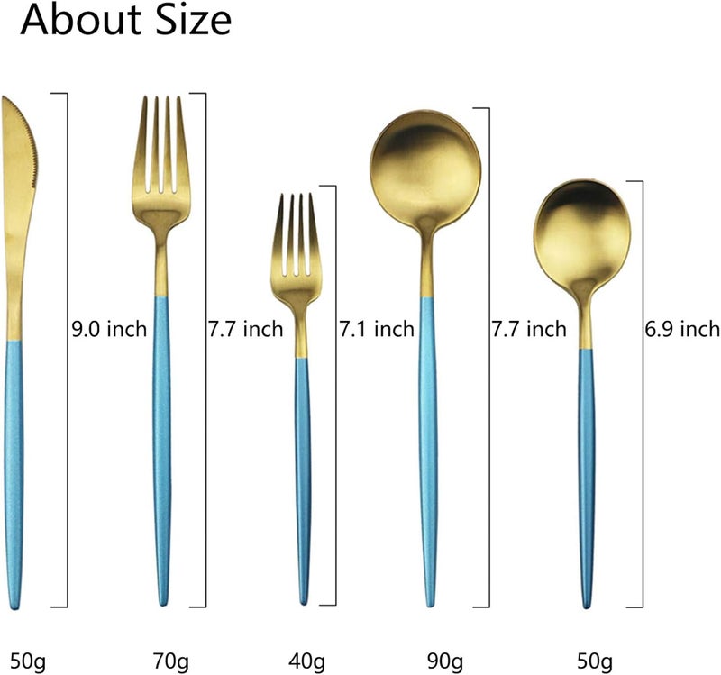 JASHII Luxury 1810 Blue Handle Flatware Gold Silverware Set 304 Stainless Steel Flatware Cutlery Set 20Piece Adaline Royal Modern Satin Finish BEST Birthday Wedding Gift Blue Handle Matte Gold - Image 3