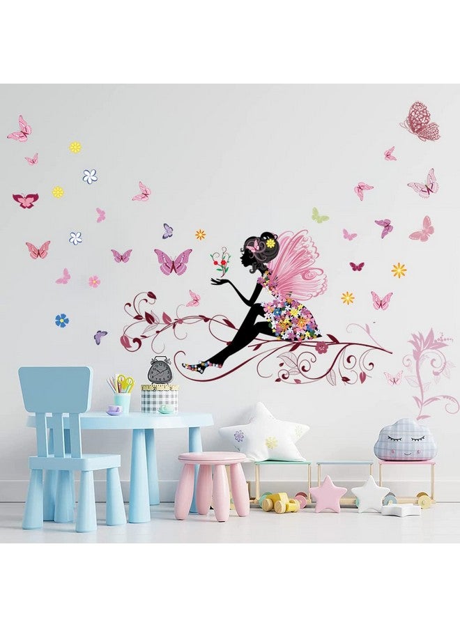 Supzone Butterfly Girl Wall Decal Flower Fairy Wall Sticker Colorful Butterflies Wall Decor DIY Vinyl Mural Art for Girls Baby Nursery Bedroom Playroom Home Decoration - Image 1