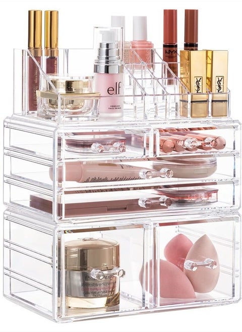 Makeup Organizer 3 Pieces Acrylic Cosmetic Storage Drawers and Jewelry Display Box, Clear