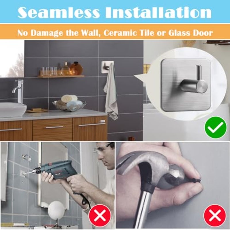 Adhesive Hooks, Hooks for Hanging Wall Hanger Towel Hooks Heavy Duty Ideal for Bathroom Shower Kitchen Home Door Closet Cabinet Stainless Steel - 4Packs - Image 2