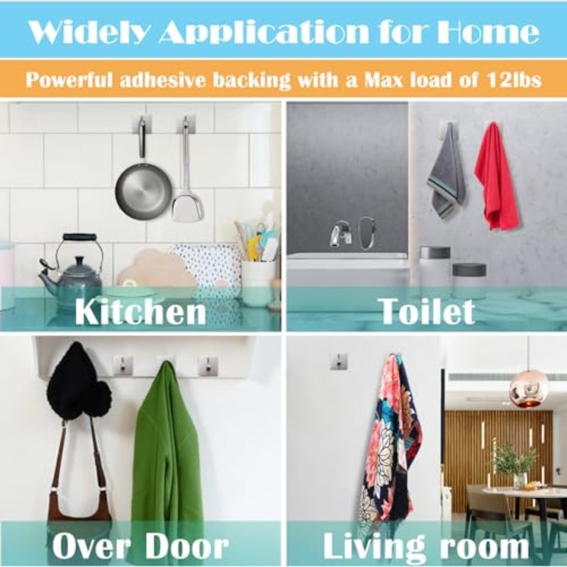Adhesive Hooks, Hooks for Hanging Wall Hanger Towel Hooks Heavy Duty Ideal for Bathroom Shower Kitchen Home Door Closet Cabinet Stainless Steel - 4Packs - Image 5