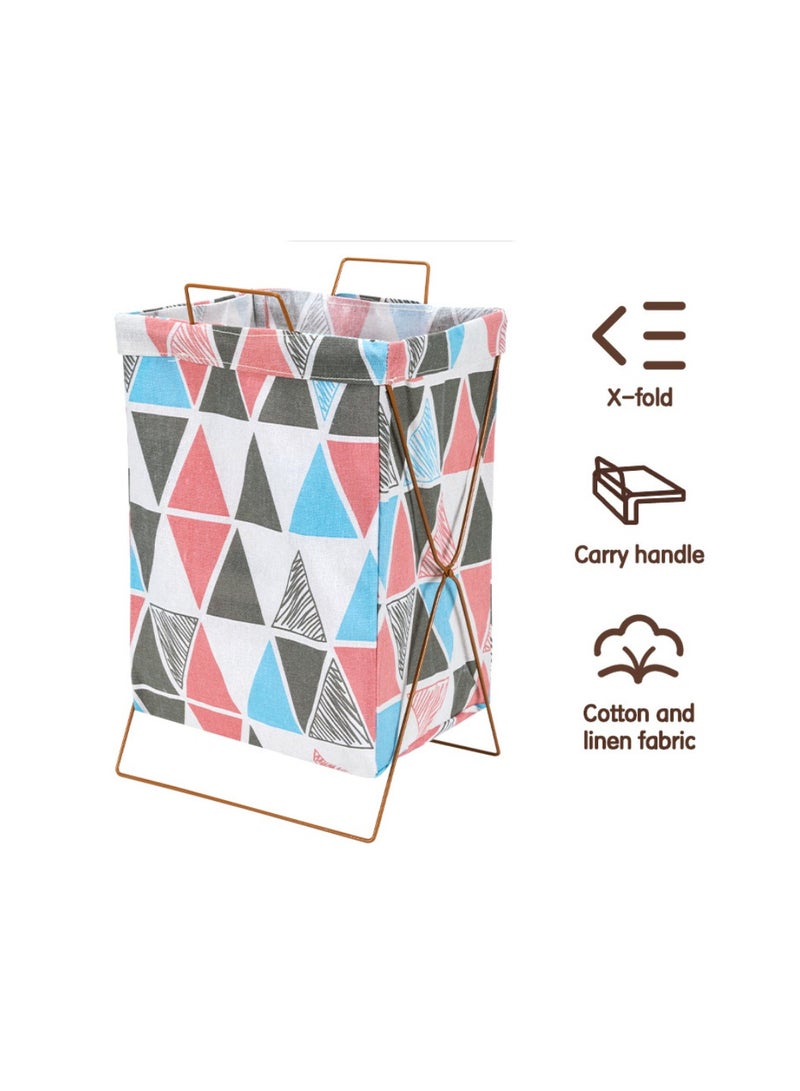Deli Vusign Foldable Laundry Hamper - 36x29x56cm X-Frame Cotton Basket with Lid & Carry Handle, Space-Saving Dirty Clothes Organizer (Print Design) - Image 2
