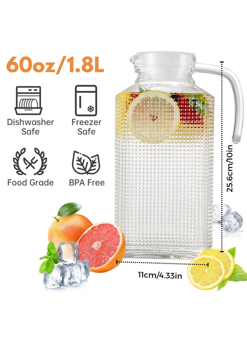 هوم زون هوم زون عبوة من 2 ابريق زجاجي مزخرف بغطاء للثلاجة ابريق ماء زجاجي شفاف مع مقبض سعة 60 اونصة (1.8 لتر) - Image 2