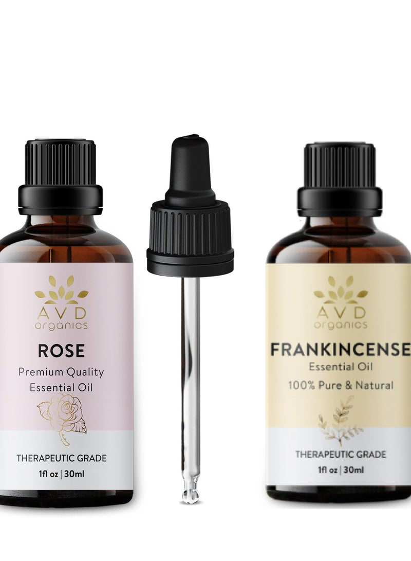 AVD Organics Frankincense & Rose Essential Oil Bundle | 100% Pure & Natural Therapeutic Grade | For Skin, Massage, Diffuser & Home Fragrance | 30ml (1 Fl Oz) Each - Image 1