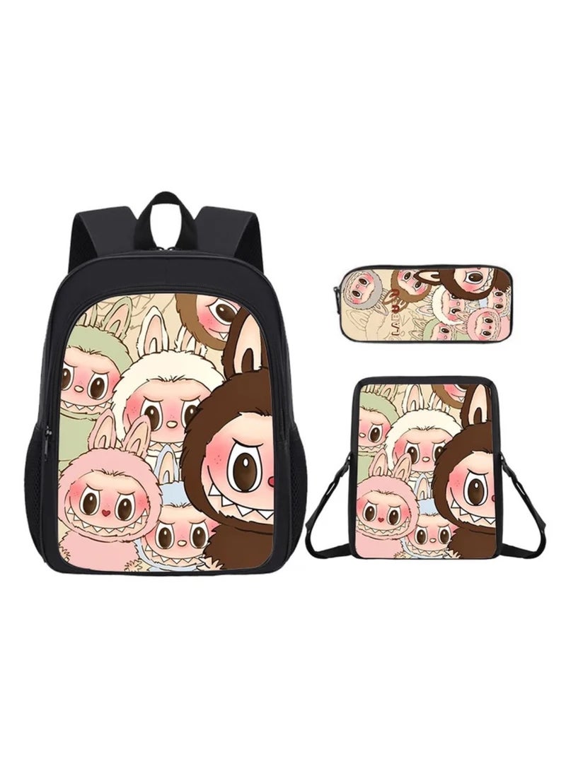 Labubu Student Cartoon Schoolbag Cute Children's Backpack Large Capacity Backpack 34*26*14CM + Lunch Bag 23*19*6CM + Pencil Case 11*24*7CM Three-piece Set - Image 1