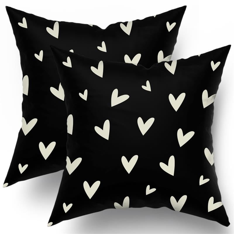 Sweetshow Valentines Pillow Covers 18x18 Set of 2 Black Love Heart Holiday Decorative Throw Pillows Romantic Valentine Day Themed Gifts Pillowcase Cotton Square Cushion Cover Decor for Home Couch Bed Soft - Image 1