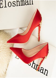 Eloshman Fashionable Floral Slim Heeled Pointed High Heeled Single Shoes Red  - Image 1