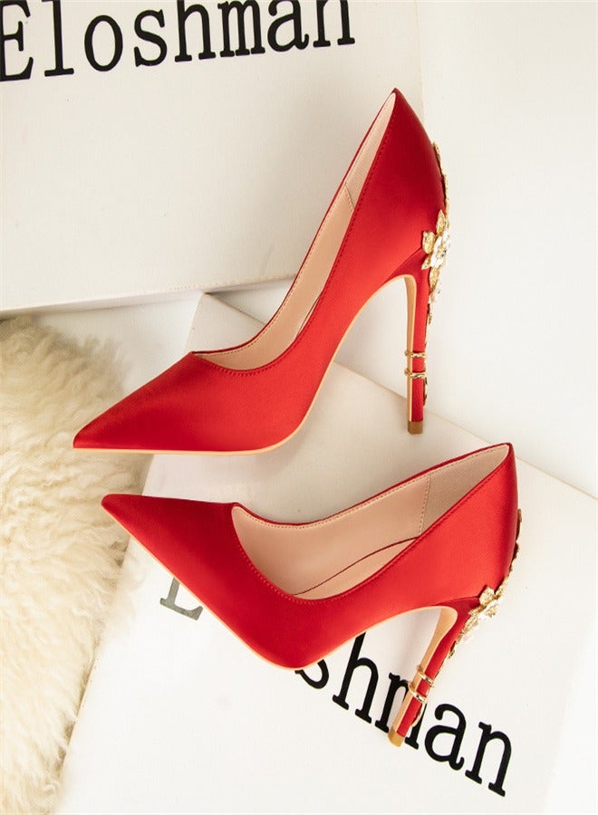 Eloshman Fashionable Floral Slim Heeled Pointed High Heeled Single Shoes Red - Image 1