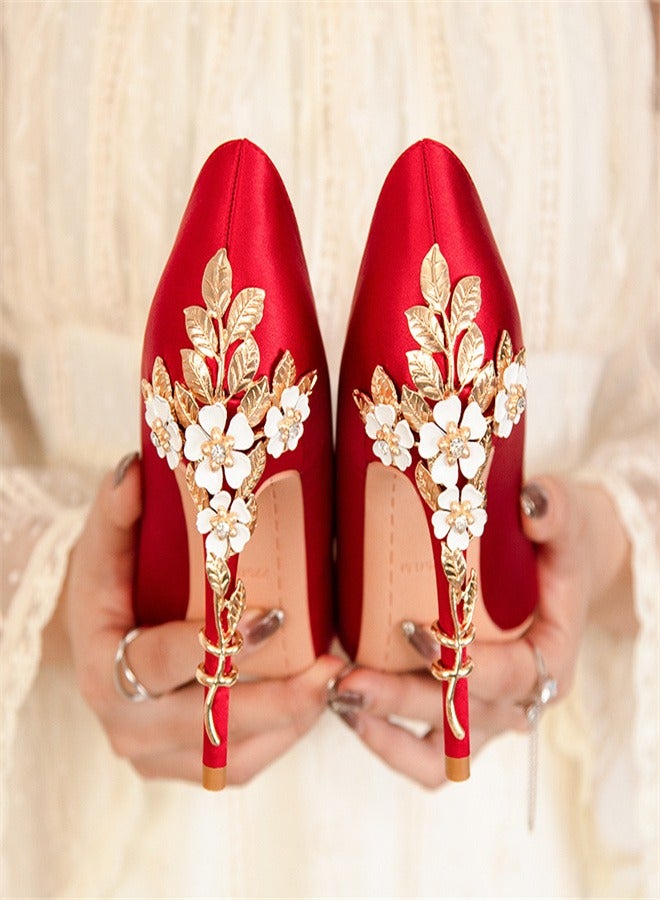 Eloshman Fashionable Floral Slim Heeled Pointed High Heeled Single Shoes Red - Image 2