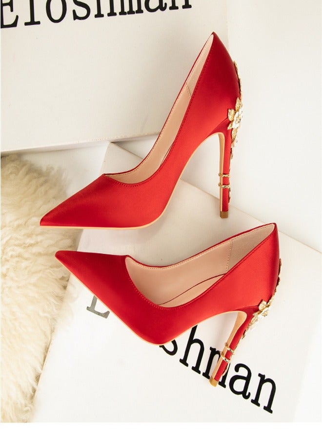 Eloshman Fashionable Floral Slim Heeled Pointed High Heeled Single Shoes Red - Image 3