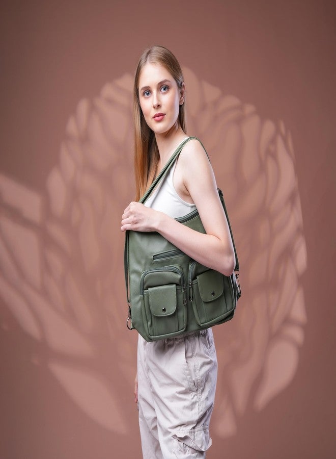 SANTORINI Women’s Handbag 2-in-1 Convertible Shoulder bag & Backpack | Multi-Pocket Bag with Adjustable Strap for Office, college and Daily Use. (Green) - Image 5