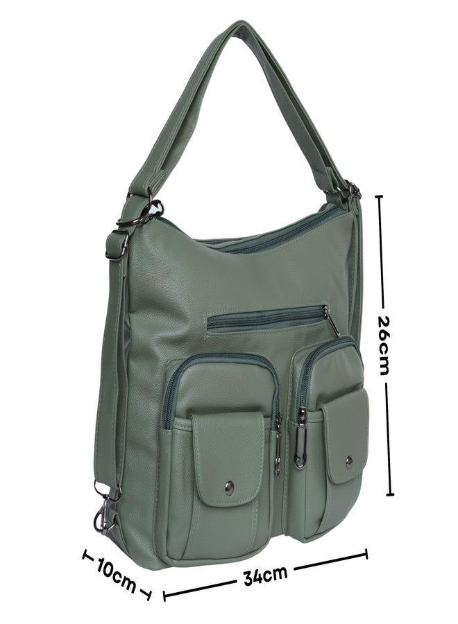 SANTORINI Women’s Handbag 2-in-1 Convertible Shoulder bag & Backpack | Multi-Pocket Bag with Adjustable Strap for Office, college and Daily Use. (Green) - Image 2