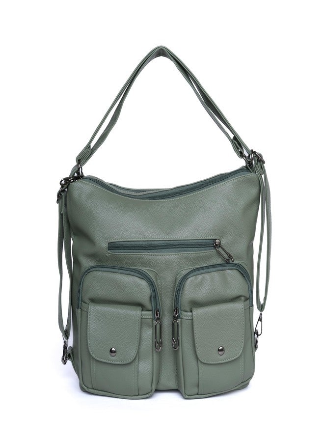 SANTORINI Women’s Handbag 2-in-1 Convertible Shoulder bag & Backpack | Multi-Pocket Bag with Adjustable Strap for Office, college and Daily Use. (Green) - Image 1