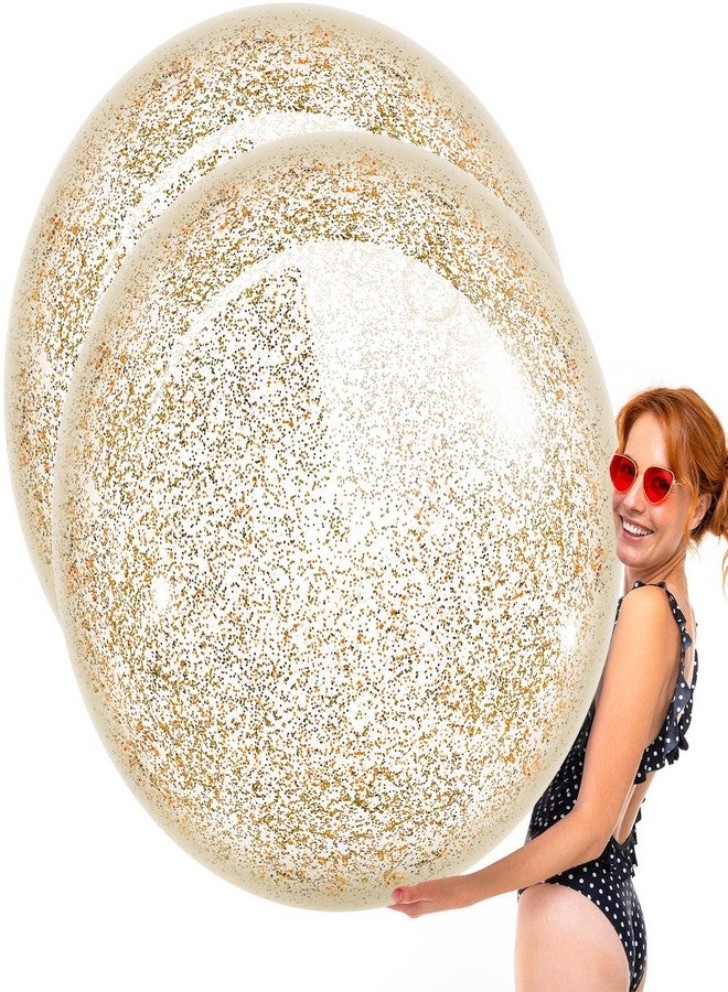 Junkin 2 Pcs 48'' Giant Sequins Beach Ball Inflatable Glitter Confetti Clear Large Jumbo Balls Water Beach Toys for Outdoor Summer Swimming Pool Party Favors(Gold) - Image 1