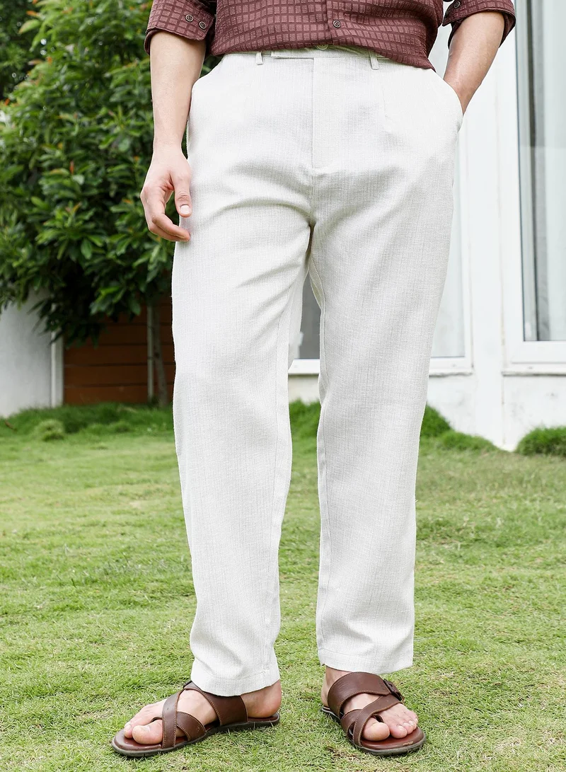 Campus Sutra Off White Textured Trousers