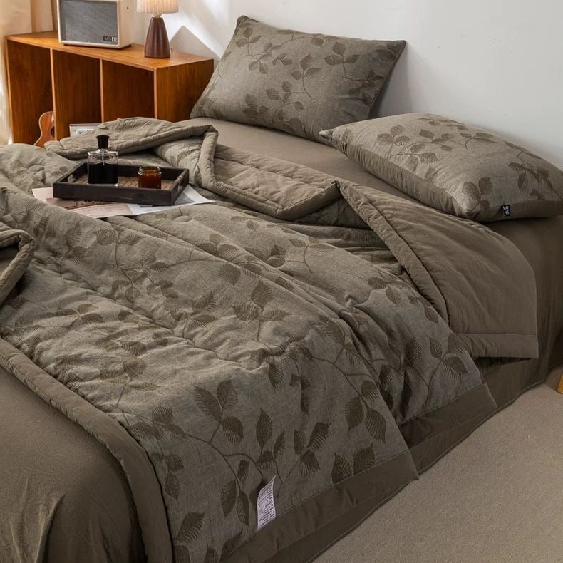 Pure Cotton Jacquard Soybean Fiber Summer Quilt Set – Brown, Machine Washable Lightweight Cooling Blanket - Image 1