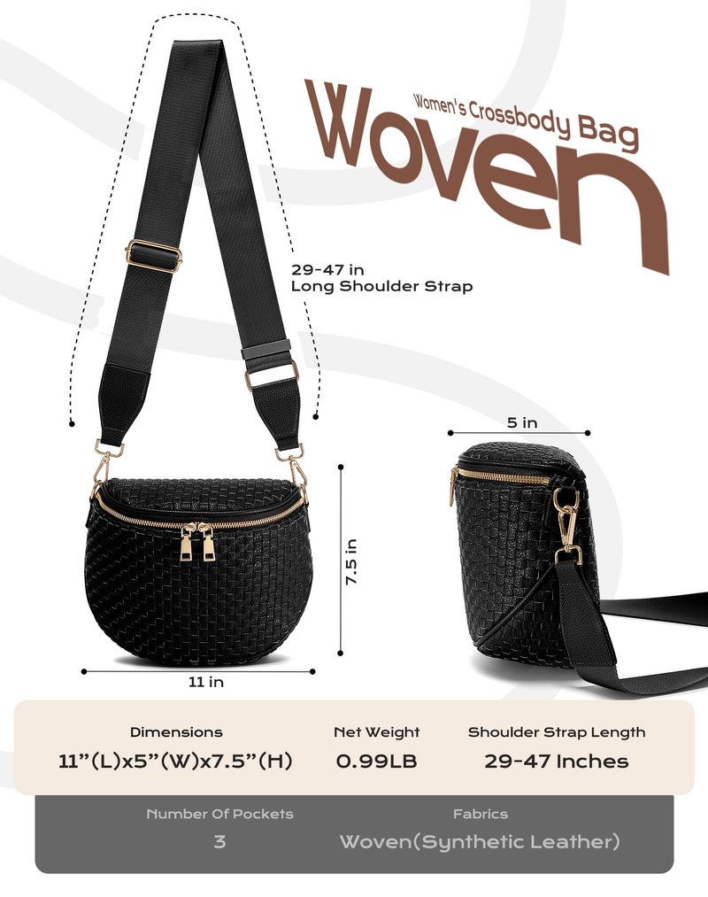 MEISEY Trendy Woven Checkered Crossbody Bum Bag for Womenï¼ŒPU Leather Checkered Purse Fanny Packs Belt Bag (Woven Bum Bag - Pure Black) - Image 3