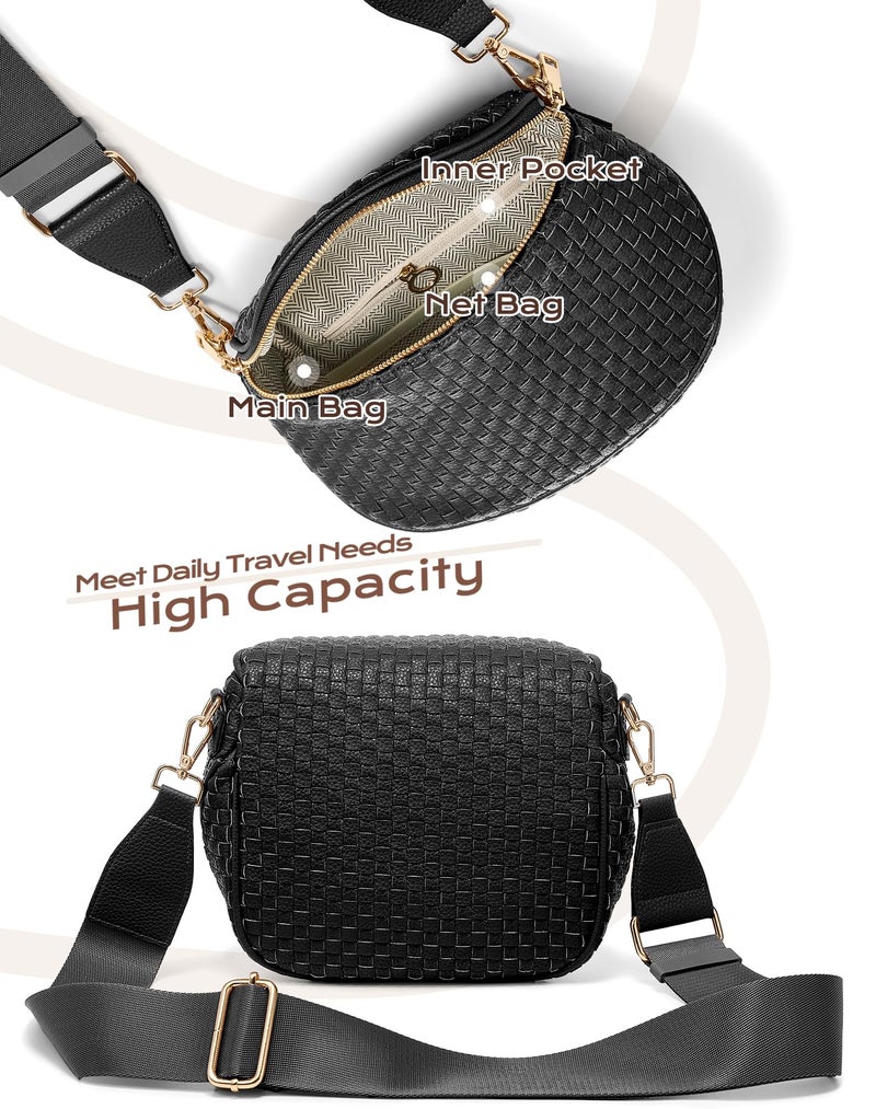 MEISEY Trendy Woven Checkered Crossbody Bum Bag for Womenï¼ŒPU Leather Checkered Purse Fanny Packs Belt Bag (Woven Bum Bag - Pure Black) - Image 4