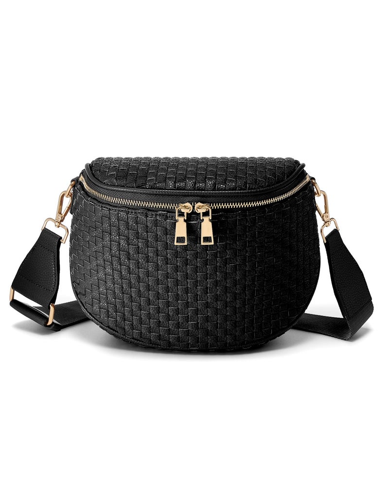 MEISEY Trendy Woven Checkered Crossbody Bum Bag for Womenï¼ŒPU Leather Checkered Purse Fanny Packs Belt Bag (Woven Bum Bag - Pure Black) - Image 1