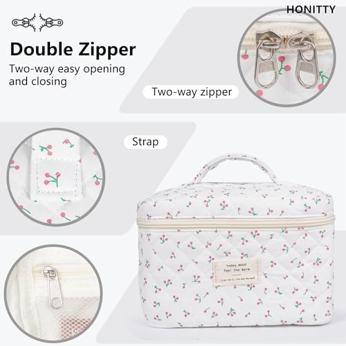 honitty Makeup Bag,Quilted Cosmetic Bag,Large Floral Make Up Bag for Women,Cotton Makeup Bag Set,Flower Travel Toiletry Bag - Image 4