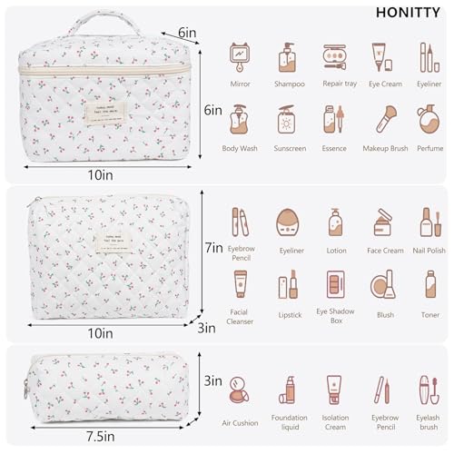 honitty Makeup Bag,Quilted Cosmetic Bag,Large Floral Make Up Bag for Women,Cotton Makeup Bag Set,Flower Travel Toiletry Bag - Image 2