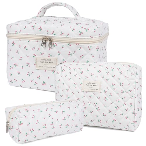 honitty Makeup Bag,Quilted Cosmetic Bag,Large Floral Make Up Bag for Women,Cotton Makeup Bag Set,Flower Travel Toiletry Bag - Image 1
